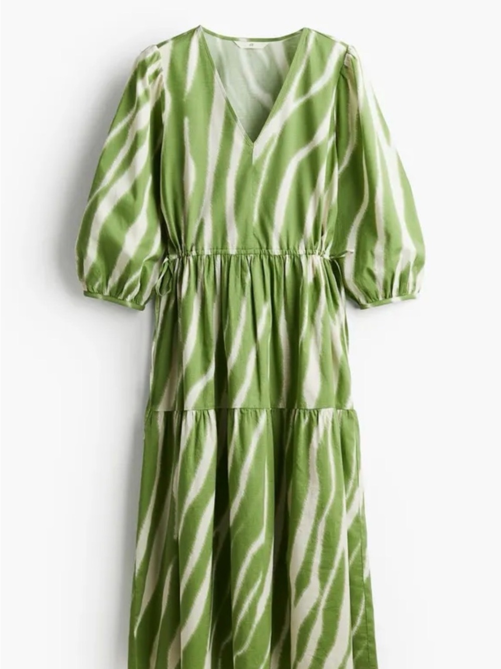 H&M Light Green and Off White Printed V-Neck Dress